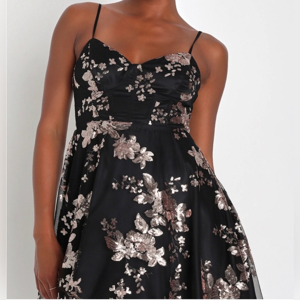 NWT Lulus Glittering Personality Black Sequin Skater Bustier Mini Dress